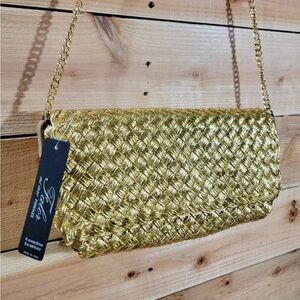 🔥SALE🔥 New FALOR Firenze Italy Handwoven Metallic Gold Leather Purse / Bag
